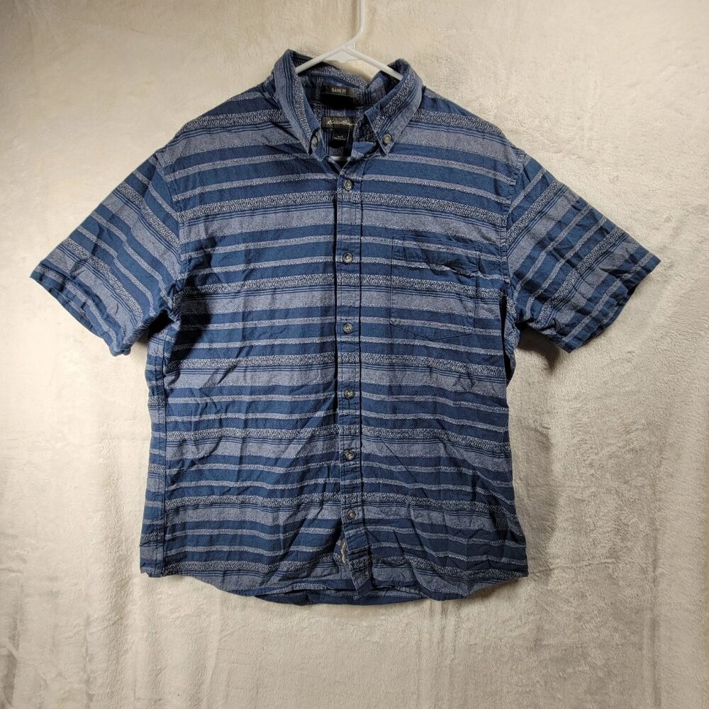 EDDIE BAUER Mens Navy Blue Stripe Button Down Short Sleeve Shirt L